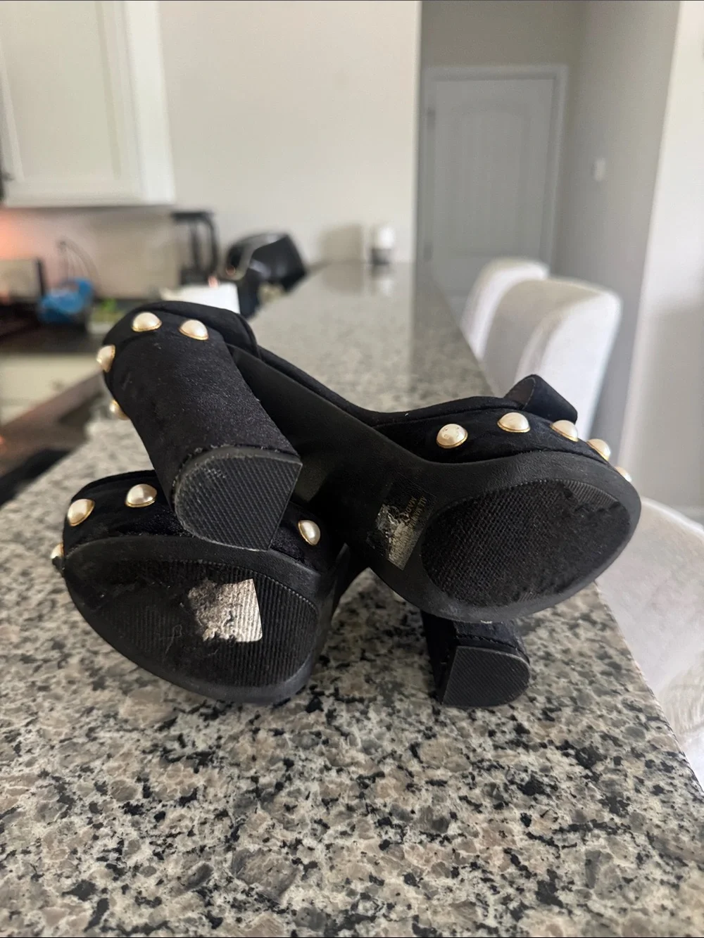 Black Pearl-Embellished Platform Heels - Women